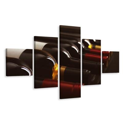 Schilderij - Wijnflessen, 5luik, premium print