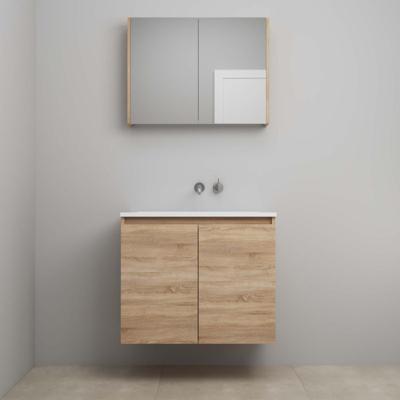 On-Line Badkamermeubelset - 80 cm - Voorgemonteerd - Greeploos 2 Deuren - Acryl Wastafel - zonder Kraangat - Spiegelkast - Eiken