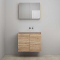 On-Line Badkamermeubelset - 80 cm - Voorgemonteerd - Greeploos 2 Deuren - Acryl Wastafel - zonder Kraangat - Spiegelkast - Eiken - thumbnail