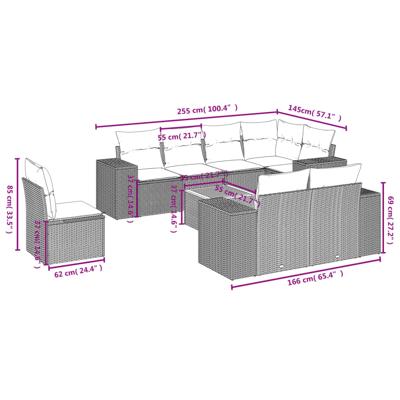 9-delige Loungeset met kussens poly rattan grijs
