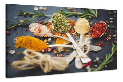 Schilderij - Kruiden en Specerijen op lepels, Premium Print, Wanddecoratie