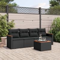 5-delige Loungeset met kussens poly rattan zwart - thumbnail
