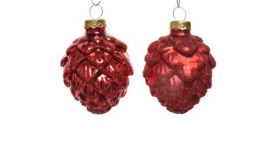 Decoris Kerstballen glas dennenappel 6st kerstrood 5x7cm