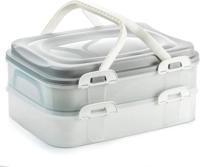 Voedsel transportbox, cupcake, muffin, party container, taarthouder 2 x 7 liter met 2 etages en inklapbare handgrepen kleur grijs - thumbnail