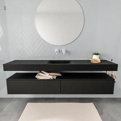 Aqua Splash Badkamermeubel AQS Ibiza 200 cm Twee Soft-Close Lades Solid Surface Wastafel Mat Zwart - Badmeubel Ibiza 200 cm Twee Lades Spoelbak Midden Aqua Splash Badkamermeubel AQS Ibiza 200 cm Twee Soft-Close Lades Solid Surface Wastafel Mat Zwart - Badmeubel Ibiza 200 cm Twee Lades Spoelbak Midden