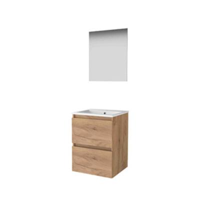 Basic-Line Ultimate 46 Badkamermeubelset - 50 x 46 cm - Greeploos - 2 Lades - Keramische Wastafel - 1 Kraangat - Spiegel met Indirecte LED Verlichting - Whisky Oak