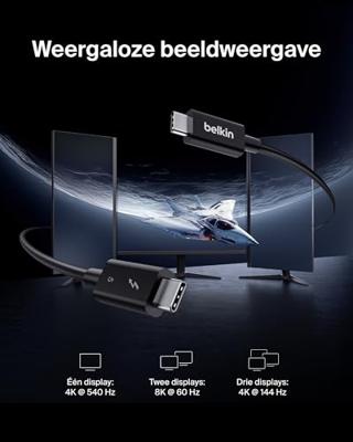 Belkin USB-C Thunderbolt 5 Kabel met 240 W Power Delivery, Bandwidth Boost tot 120 Gbps, 3x snellere gegevensoverdracht, en 4K UHD -resoluties, 1 m - Intel-gecertificeerd, snelle USB C kabel - zwart