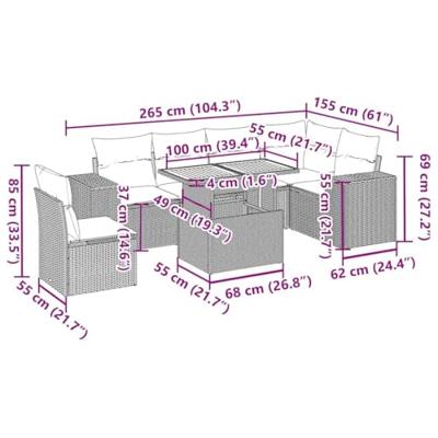 7-delige Loungeset met kussens poly rattan zwart
