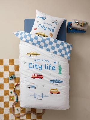 Dekbedovertrekset + kussensloop kind met gerecycled katoen VARSITY blauw, geruit