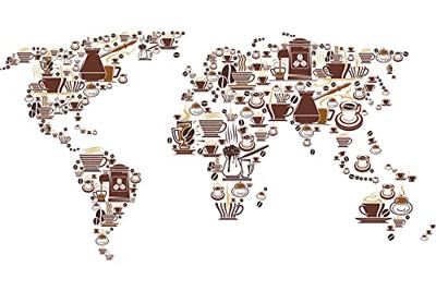 Fotobehang - Koffie Kaart van de Wereld, Wereldkaart, 11 maten, premium print, incl behanglijm