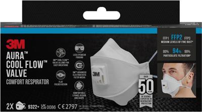 3M Aura Comfort Cool Flow stofmasker, FFP2, met ventiel, pak van 2 stuks
