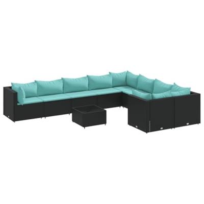 10-delige Loungeset met kussens poly rattan zwart