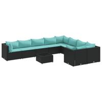 10-delige Loungeset met kussens poly rattan zwart - thumbnail