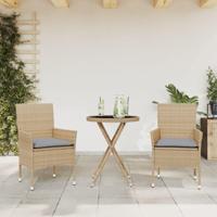 3-delige Bistroset met kussens poly rattan en glas beige - thumbnail