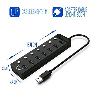 Ewent EW1147 Hub USB 3.2 Gen1, Concentrador USB, USB-splitter, 7 puerto's met interruptores Encendido/Apagado Individuale en Indicadores LED, met kabel van 1,2 m, met adapter 5V/3A, Negro