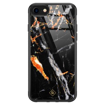 iPhone SE 2020 glazen hardcase - Marmer zwart oranje