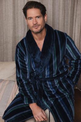 Fleece gestreepte heren badjas Fleece gestreepte heren badjas