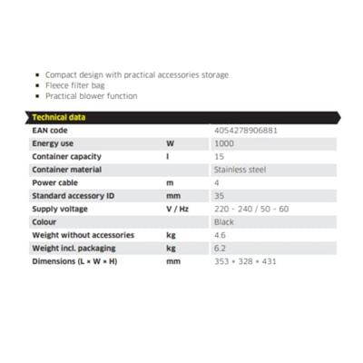 Kärcher V-15/4/18 15 l Trommelstofzuiger Droog 1000 W Stofzak