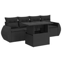 5-delige Loungeset met kussens poly rattan zwart - thumbnail