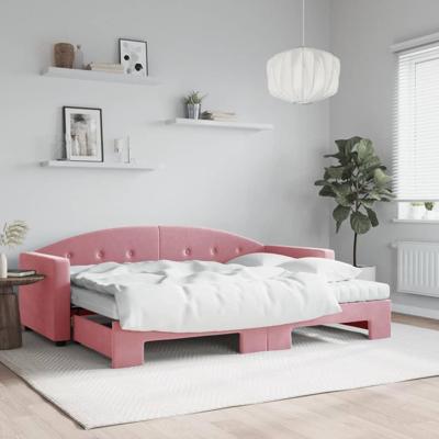 Slaapbank onderschuifbed en matrassen 80x200 cm fluweel roze