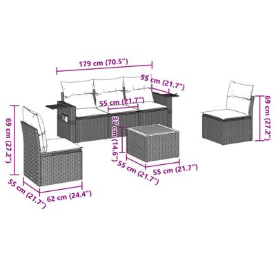 6-delige Loungeset met kussens poly rattan grijs