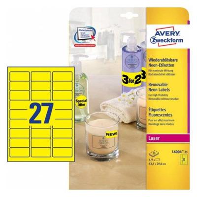 Avery afneembare neon etiketten ft 63,5 x 29,6 mm (b x h), doos van 675 stuks (25 vel van 27), neongeel Avery afneembare neon etiketten ft 63,5 x 29,6 mm (b x h), doos van 675 stuks (25 vel van 27), neongeel