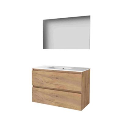 Basic-Line Basic 46 Badkamermeubelset - 100 x 46 cm - Greeploos - 2 Lades - Keramische Wastafel - 1 Kraangat - Spiegel - Whisky Oak