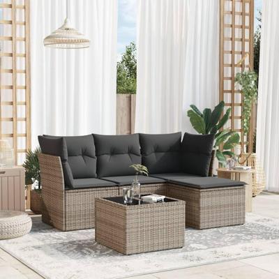 5-delige Loungeset met kussens poly rattan grijs - thumbnail