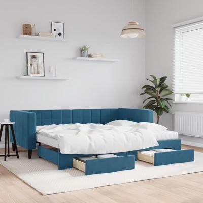 Slaapbank met onderschuifbed en lades 90x200 cm fluweel blauw