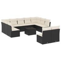 12-delige Loungeset met kussens poly rattan zwart - thumbnail