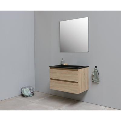 On-Line Badkamermeubelset - 80 cm - Voorgemonteerd - Ladestructuur - Acryl Wastafel - zonder Kraangat - Spiegel - Eiken