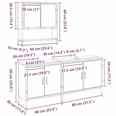 Badkamermeubelset 3 pcs Zwart 80 x 30 x 44 cm Bewerkt hout