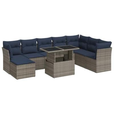 9-delige Loungeset met kussens poly rattan acacia grijs