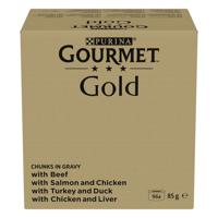 Gourmet Gold Fijne Hapjes in saus met rund, kip-lever, zalm-kip, kalkoen-eend natvoer kat (85 g) 2 x (96x 85 g) - thumbnail