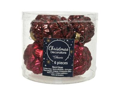 Decoris Kerstballen glas dennenappel 6st ossenbloed 5x7cm