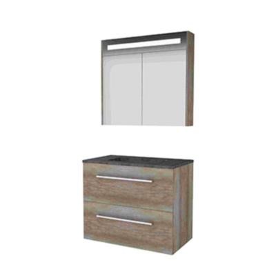 Basic-Line Premium 46 Badkamermeubelset - 100 x 46 cm - Met Grepen - 2 Lades - Hardstenen Wastafel - Zonder Kraangat - Spiegelkast met LED Verlichting - Scotch Oak