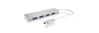 ICY BOX 4-voudige USB-C-hub met 4 x USB 3.0, USB 3.0-aansluiting, aluminium, geïntegreerde kabel, zilver/wit.