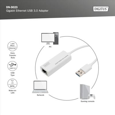 Digitus Netwerk, USB 3.2 Gen 1 (USB 3.0) Adapter [1x USB 3.0 stekker A - 1x RJ45] DN-3023 20.00 cm Afgeschermd