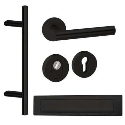 Hardbrass Roestvrijstalen Voordeurset Zwart Rond met Frankfurt Schuin & Briefplaat SKG3