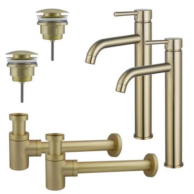 Fortifura Calvi Wastafelkraanset - voor dubbele wastafel - verhoogde wastafelkraan - klikwaste plug - verlaagde design sifon - Geborsteld Messing PVD (Goud) 2x SW720549/2x SW696202/2x SW696218