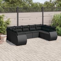 9-delige Loungeset met kussens poly rattan zwart - thumbnail