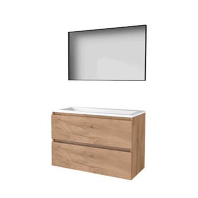 Basic-Line Framed 46 Badkamermeubelset - 100 x 46 cm - Greeploos - 2 Lades - Acryl Wastafel - 1 Kraangat - Spiegel met Zwart Aluminium Frame - Whisky Oak