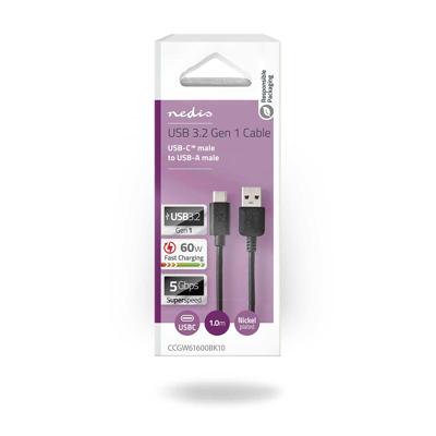 Nedis USB-Kabel | USB 3.2 Gen 1 | USB-A Male | USB-C Male | 60 W | 5 Gbps | Vernikkeld | 1.00 m | Rond | PVC | Zwart | Doos - CCGW61600BK10 Nedis USB-Kabel | USB 3.2 Gen 1 | USB-A Male | USB-C Male | 60 W | 5 Gbps | Vernikkeld | 1.00 m | Rond | PVC | Zwart | Doos - CCGW61600BK10
