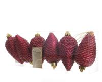 6 Dennenappels plastic glitter hang diameter 4.5x8cm ossenbloed KSD - Ksd - thumbnail