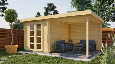 Tuindeco Elburg Blokhut 250x250 cm + overkapping 250 cm 28 mm vuren blank- Lessenaarsdak- Onbehandeld vurenhout- Tuindeco