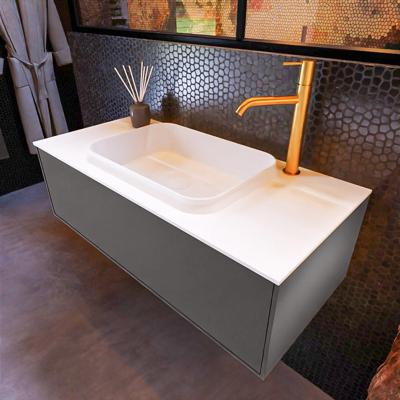 Badkamermeubelset Mondiaz Erin 100 cm met 1 Lade met RIDGE Wastafel Midden Talc met 1 kraangat Greeploos Mat Dark Grey