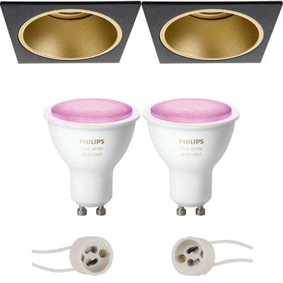Pragmi Minko Pro - Inbouw Vierkant - Mat Zwart/Goud - Verdiept - 90mm - Philips Hue - LED Spot Set GU10 - White and Color Ambiance - Bluetooth