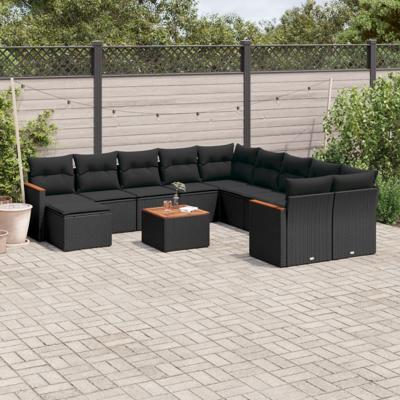 11-delige Loungeset met kussens poly rattan zwart