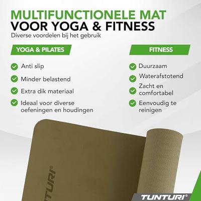 Tunturi Yogamat 8mm | Pilates mat | Fitnessmat | 183 x 61 x 0,8 cm | Incl Draagtas | Anti Slip en Eco | Groen