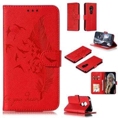 Feather patroon Litchi textuur horizontale Flip lederen draagtas met portemonnee & houder & kaartsleuven voor Motorola Moto G7 Play (rood)